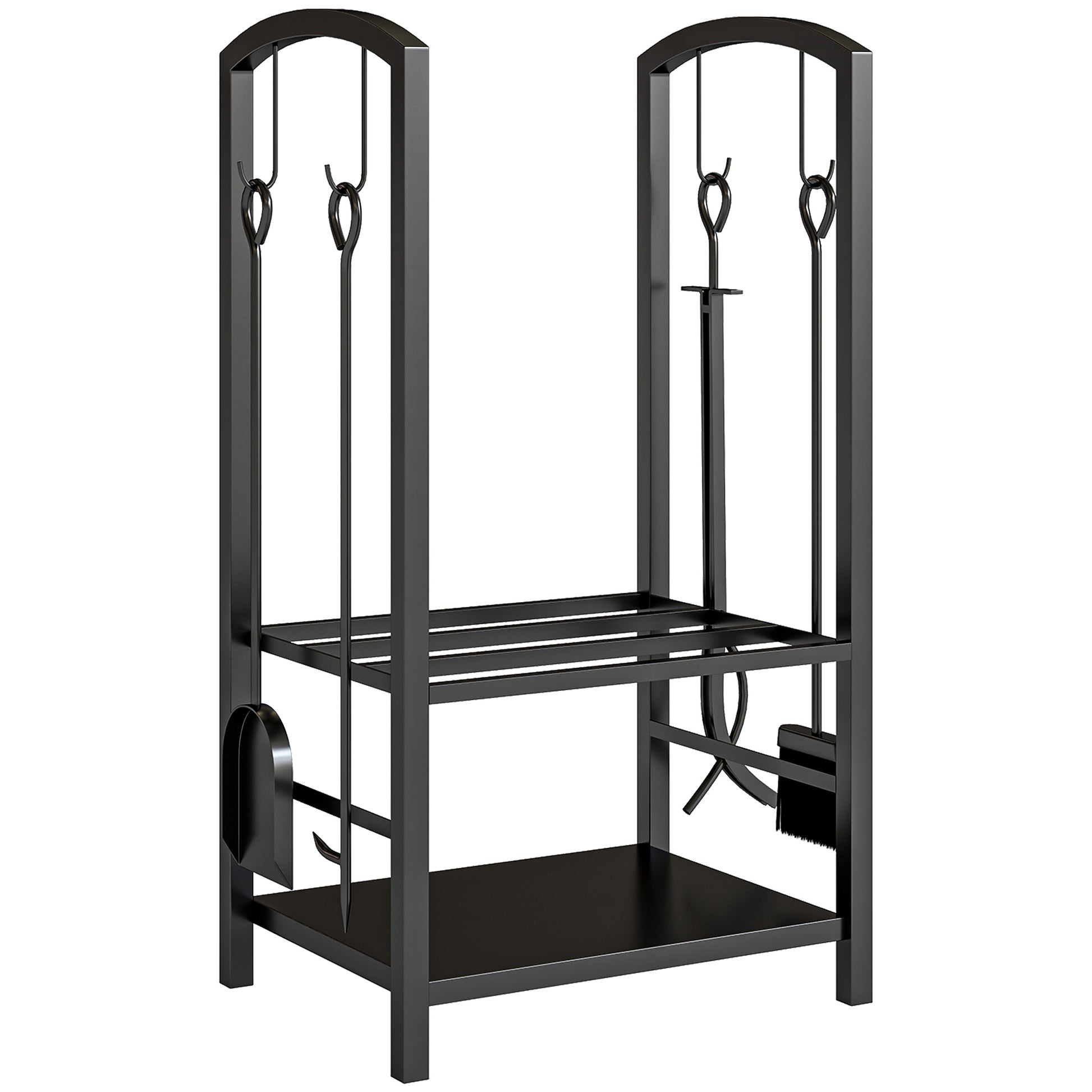 Photo of Outsunny Metal Firewood Log Holder 2 Layer Firewood Rack Indoor Outdoor Fireplace Wood Storage Shelf with 4 Tools and Hooks, Black, 40L x 30W x 74.5H cm in cm colour on a white background