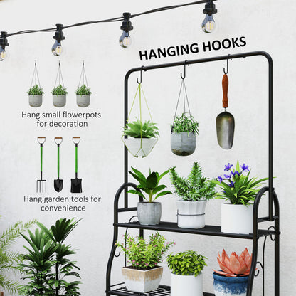 Outsunny metal plant stand displaying potted plants and hanging hooks