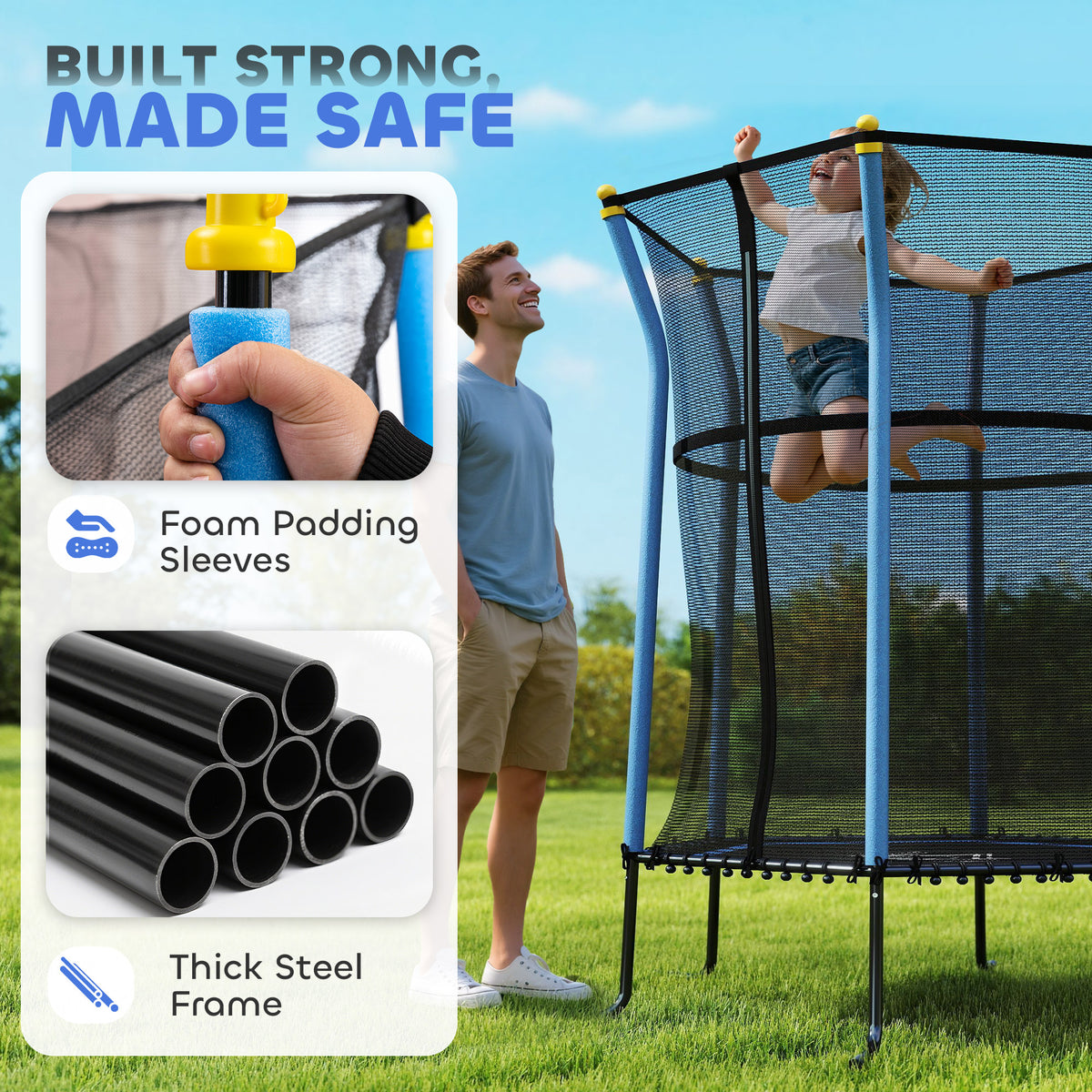HOMCOM kids trampoline with enclosure, blue foam pole sleeves, and steel frame