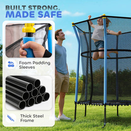 HOMCOM kids trampoline with enclosure, blue foam pole sleeves, and steel frame