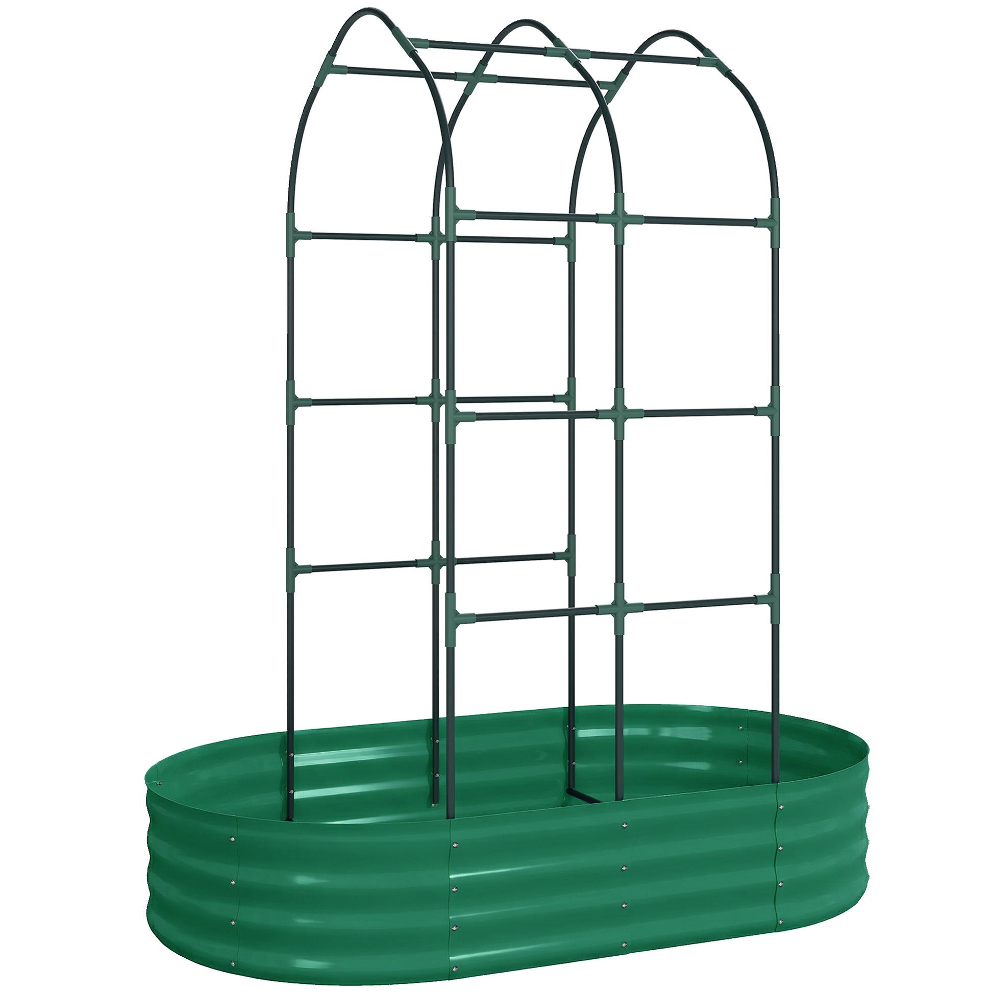 Photo of Outsunny Galvanised Raised Garden Bed with Arched Trellis, 5 x 3 x 6ft Metal Raised Bed for Garden with Open Bottom, Green in Green colour on a white background