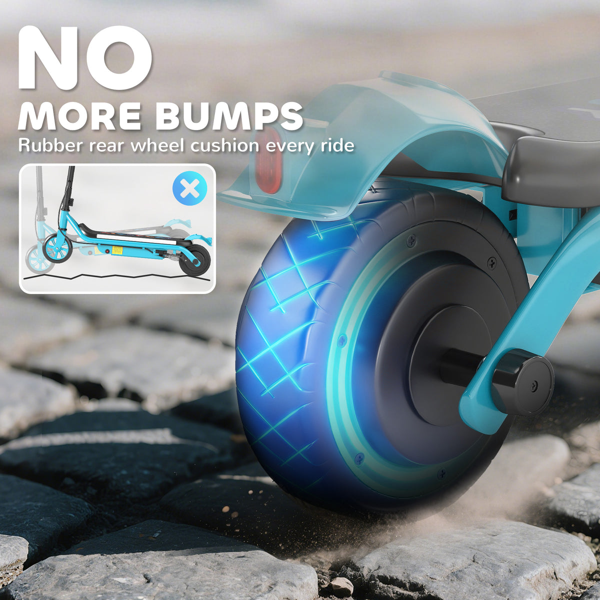 AIYAPLAY scooter close-up showing a rubber rear wheel cushion and blue-lit wheel
