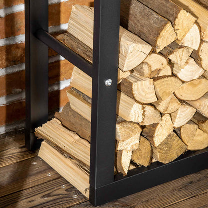 Close-up of split logs stored in a black metal firewood rack.