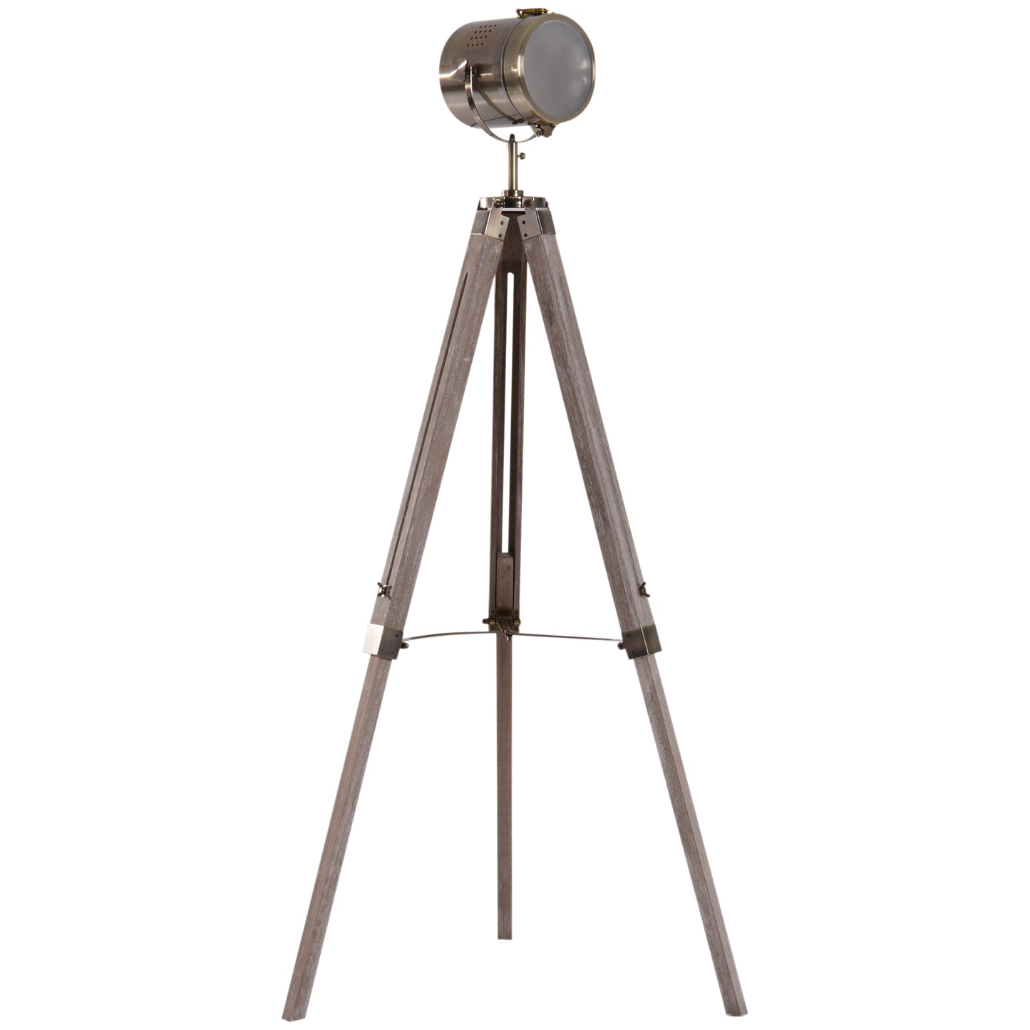 Photo of HOMCOM Industrial Tripod Floor Lamp, Nautical Searchlight with Adjustable Height, Wood Legs, E14 Lamp Base for Living Room, Bedroom, Grey and Bronze in Bronze colour on a white background