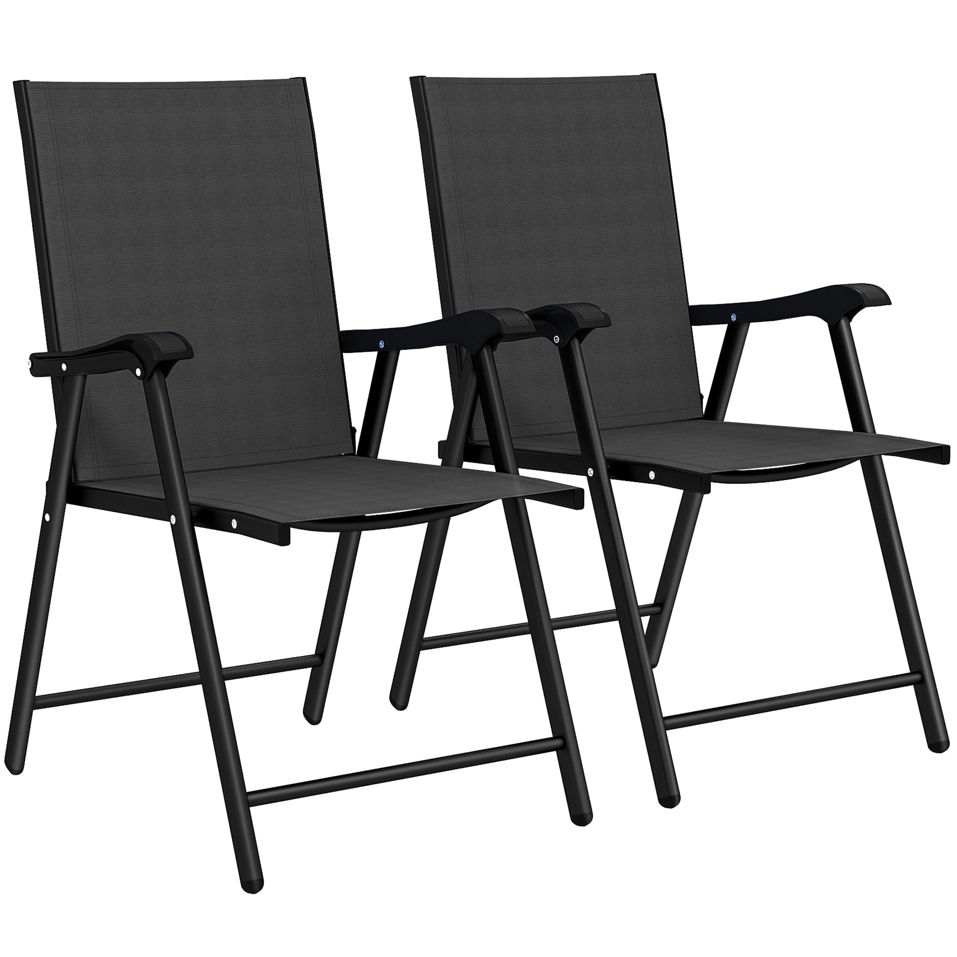 Photo of Outsunny Folding Garden Chairs Set of 2, Foldable Garden Dining Chairs with High Back, Armrests, Texteline Seat, Black in Black colour on a white background