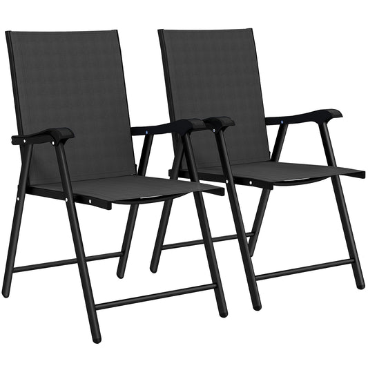 Photo of Outsunny Folding Garden Chairs Set of 2, Foldable Garden Dining Chairs with High Back, Armrests, Texteline Seat, Black in Black colour on a white background