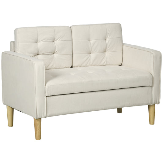 Photo of HOMCOM Modern Loveseat Sofa, Compact 2 Seater Sofa with Hidden Storage, 117cm Tufted Cotton Couch with Wood Legs, Cream White in White colour on a white background