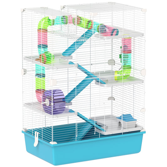 Photo of PawHut 6 Tier Hamster Cage, Small Animal Cage with Tubes, Exercise Wheel, Ramps, Hut, Food Dish, Water Bottle, Light Blue in Blue colour on a white background