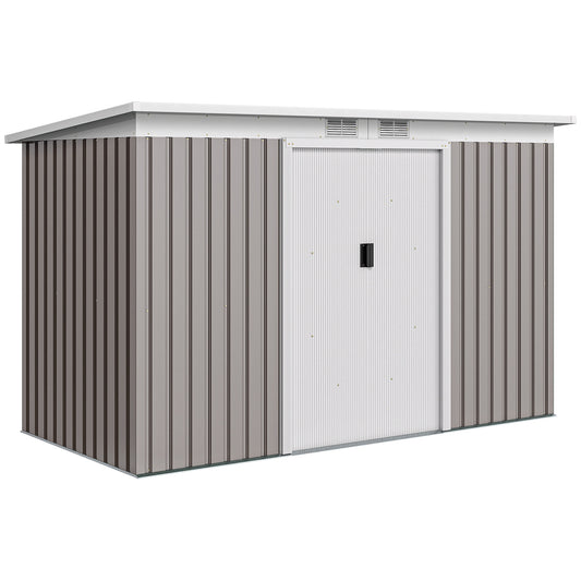 Photo of Outsunny Corrugated Garden Metal Storage Shed Outdoor Equipment Tool Box with Kit Ventilation Doors 9x 4FT Light Grey in Grey colour on a white background