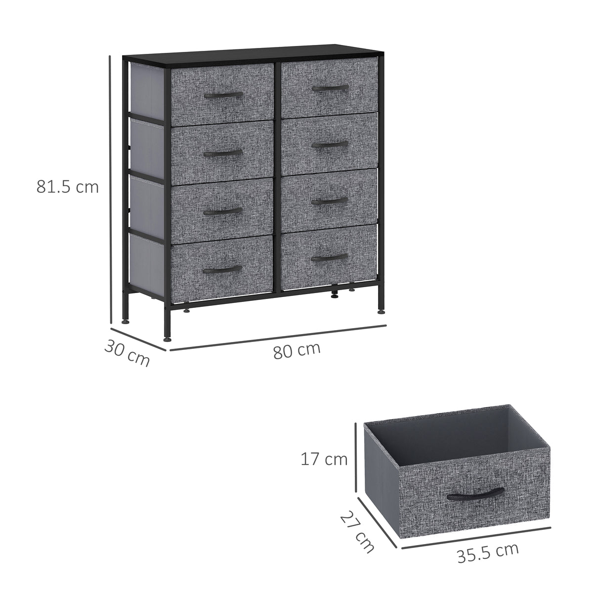 Fabric dresser measuring 80 by 30 by 81.5 cm, with eight drawers