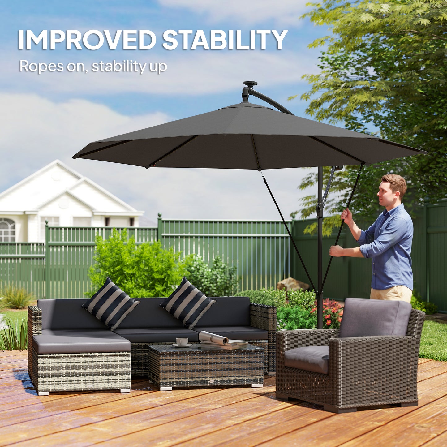 Outsunny 3 m Cantilever Parasol with Solar LED Lights Garden Umbrella with Cross Base, Black