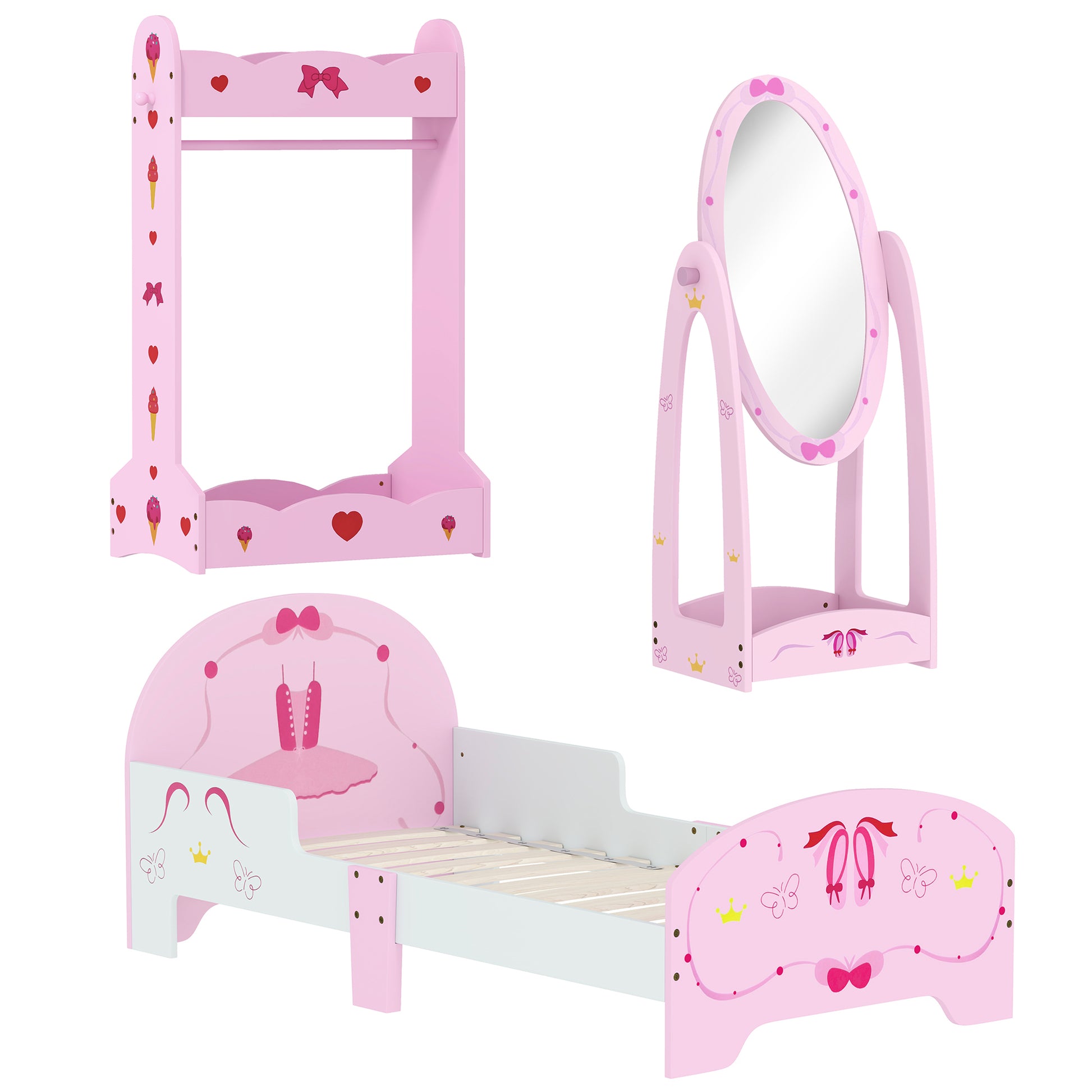 Photo of AIYAPLAY Kids Bed with Safety Rails, Kids Clothes Rail, Kids Full Length Mirror, 3 Piece Kids Furniture Set for Bedroom, Pink in Pink colour on a white background