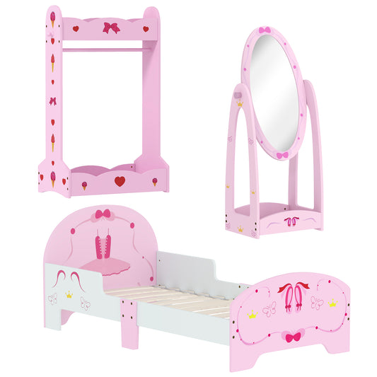 Photo of AIYAPLAY Kids Bed with Safety Rails, Kids Clothes Rail, Kids Full Length Mirror, 3 Piece Kids Furniture Set for Bedroom, Pink in Pink colour on a white background