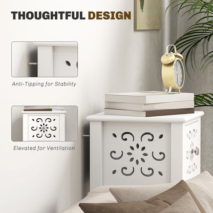 Close-up of white side table drawer with floral cut-outs and metal pull