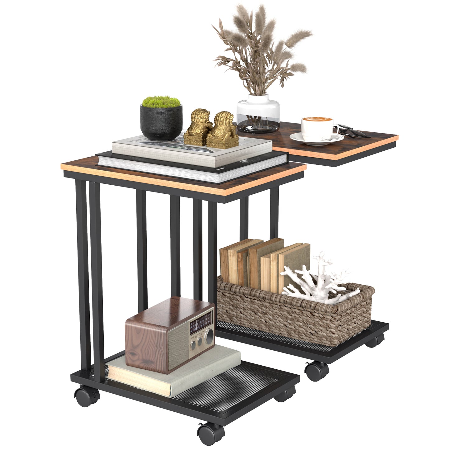 Photo of HOMCOM C Shaped Side Table Set of 2 with Wheels, Mobile End Table, Laptop Stand with Metal Frame and Storage Shelf, Rustic Brown in Brown colour on a white background