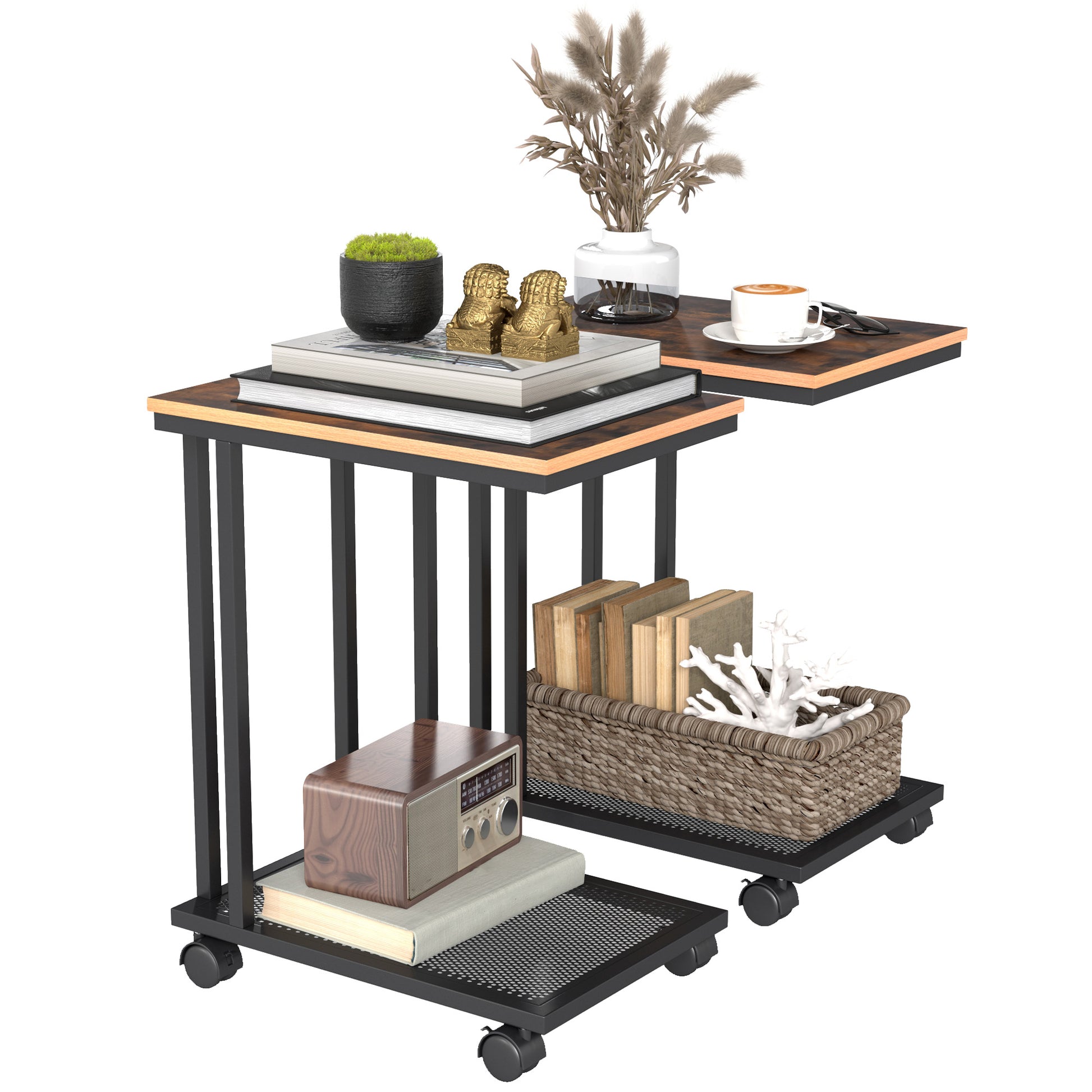 Photo of HOMCOM C Shaped Side Table Set of 2 with Wheels, Mobile End Table, Laptop Stand with Metal Frame and Storage Shelf, Rustic Brown in Brown colour on a white background