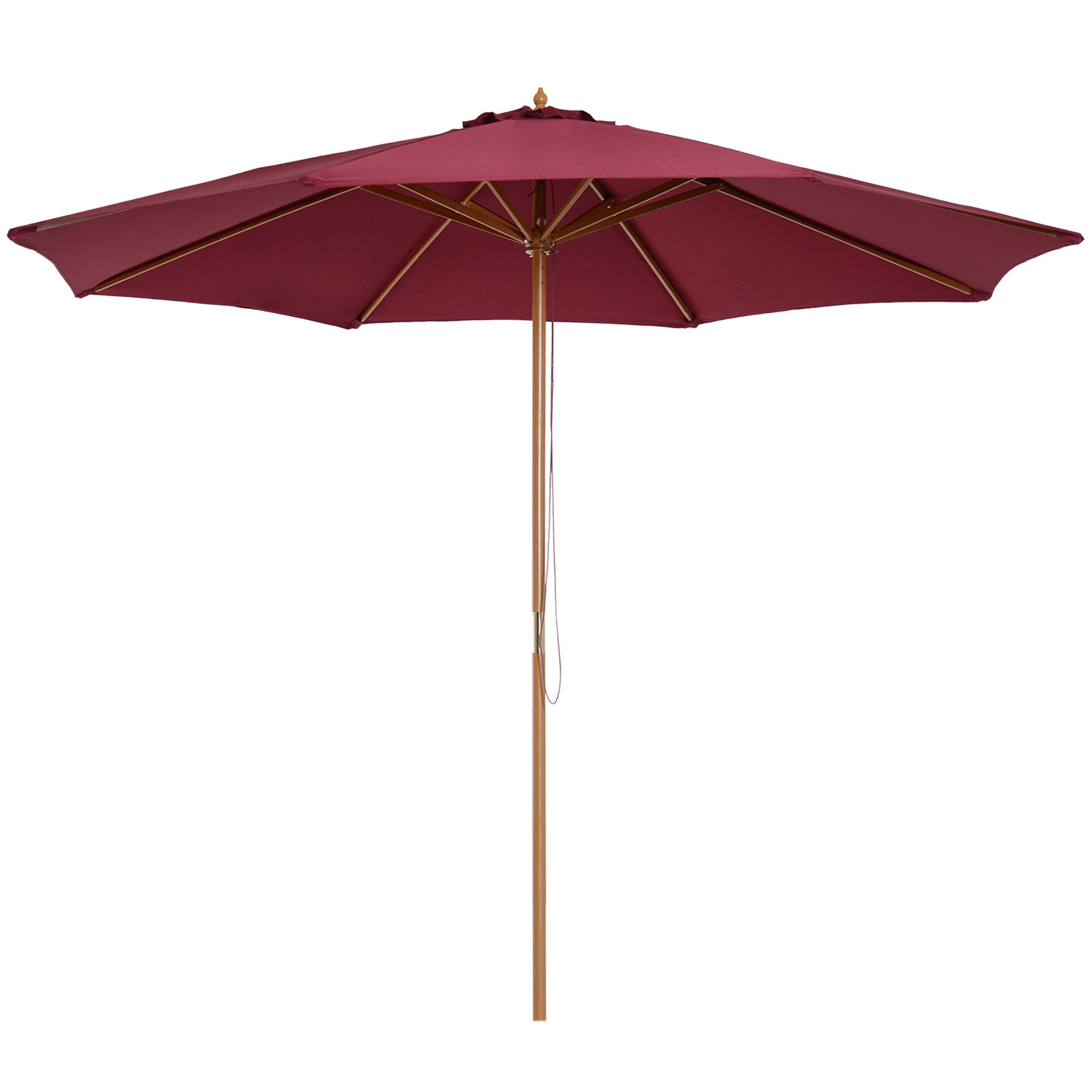 Photo of Outsunny 3(m) Garden Parasol, Pulley Operated Patio Umbrella, Wooden Table Market Umbrella with Rope Pulley Mechanism and 8 Ribs, Wine Red in Red colour on a white background