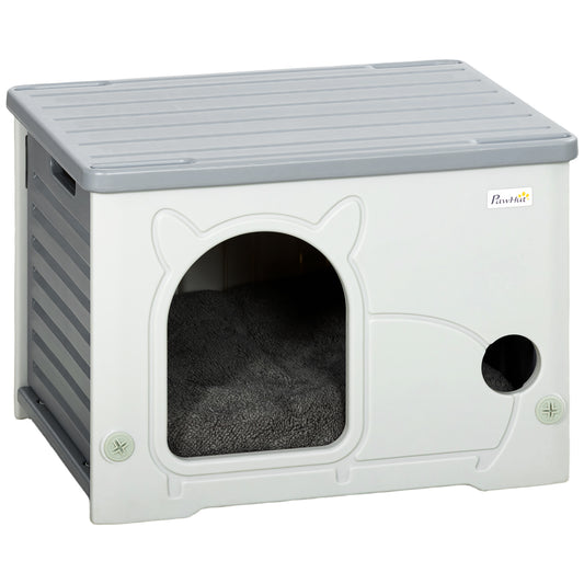 Photo of PawHut Cat House Stackable Pet Shelter with Removable Cushion for Indoor Outdoor Use Grey in Grey colour on a white background
