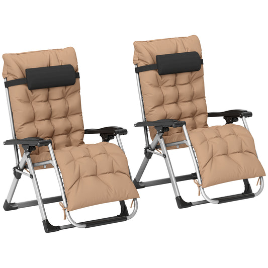 Photo of Outsunny 2 Piece Reclining Zero Gravity Sun Loungers with Cushions, Khaki in Khaki colour on a white background