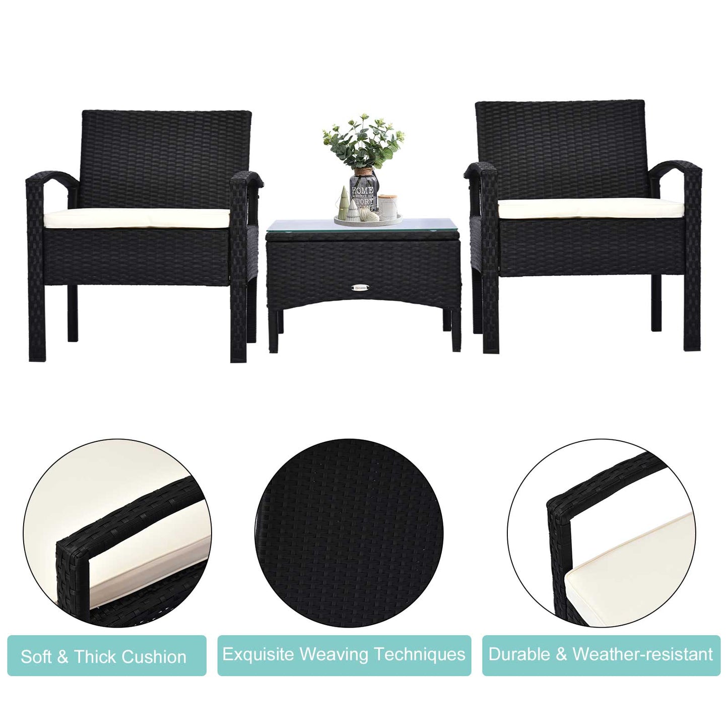 Outsunny 2 Seater Rattan Bistro Set, Steel-Black