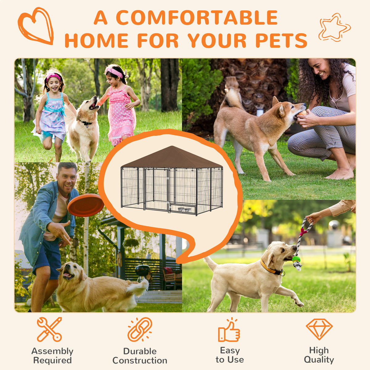 PawHut Large Dog Kennel Outdoor Dog Play Pen with Canopy Rotating Bowl for Large Dogs, Brown