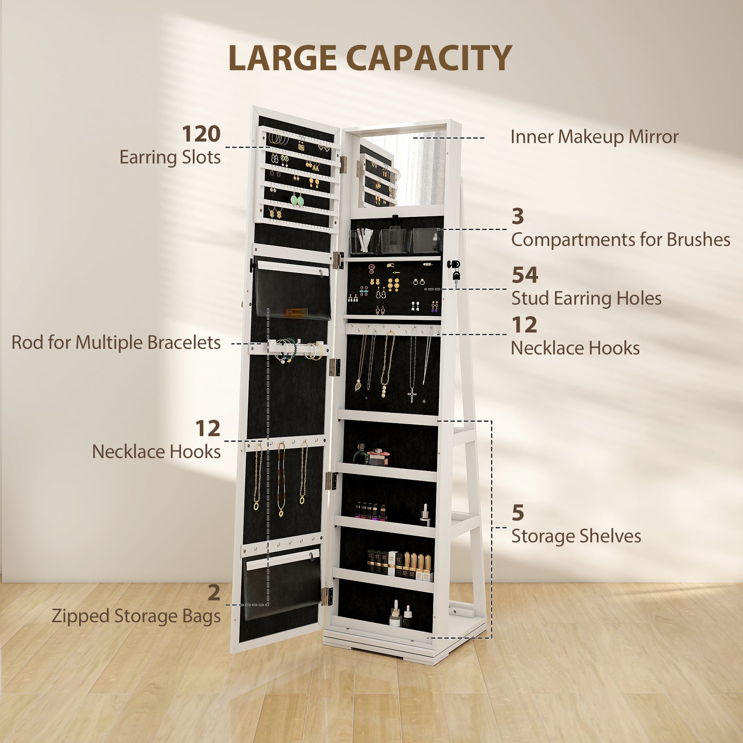 HOMCOM 360° Swivel Jewellery Cabinet, Free Standing Full Length Mirror with Storage, Lockable Jewellery Organiser with Built-in Makeup Mirror and Storage Shelves for Bedroom, White