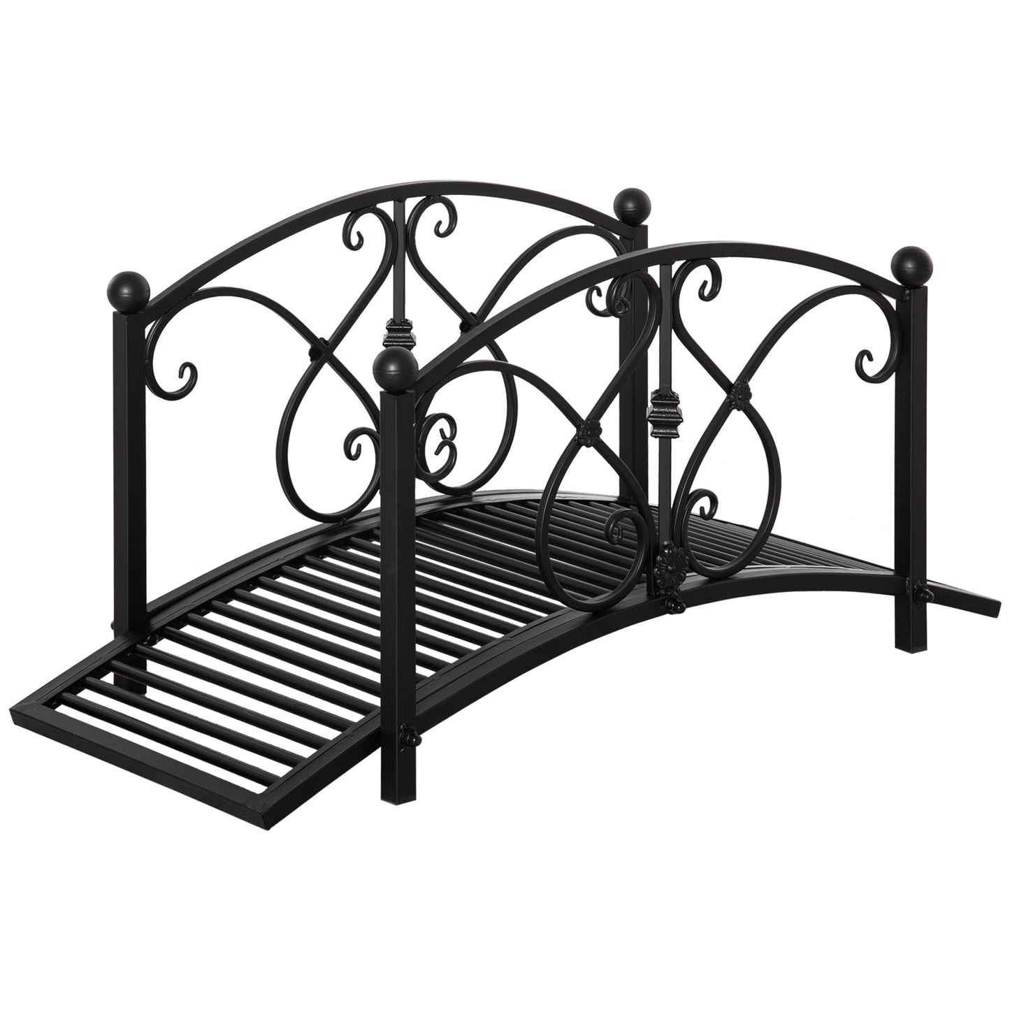 Photo of Outsunny 102L x 48W x 49H Classic Metal Garden Bridge with Safety Railings Arc Footbridge Decorative Pond Bridge for Backyard Creek Stream, Black in Black colour on a white background