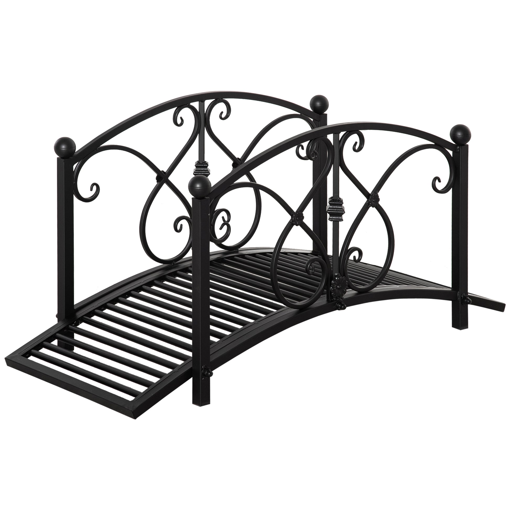 Photo of Outsunny 102L x 48W x 49H Classic Metal Garden Bridge with Safety Railings Arc Footbridge Decorative Pond Bridge for Backyard Creek Stream, Black in Black colour on a white background