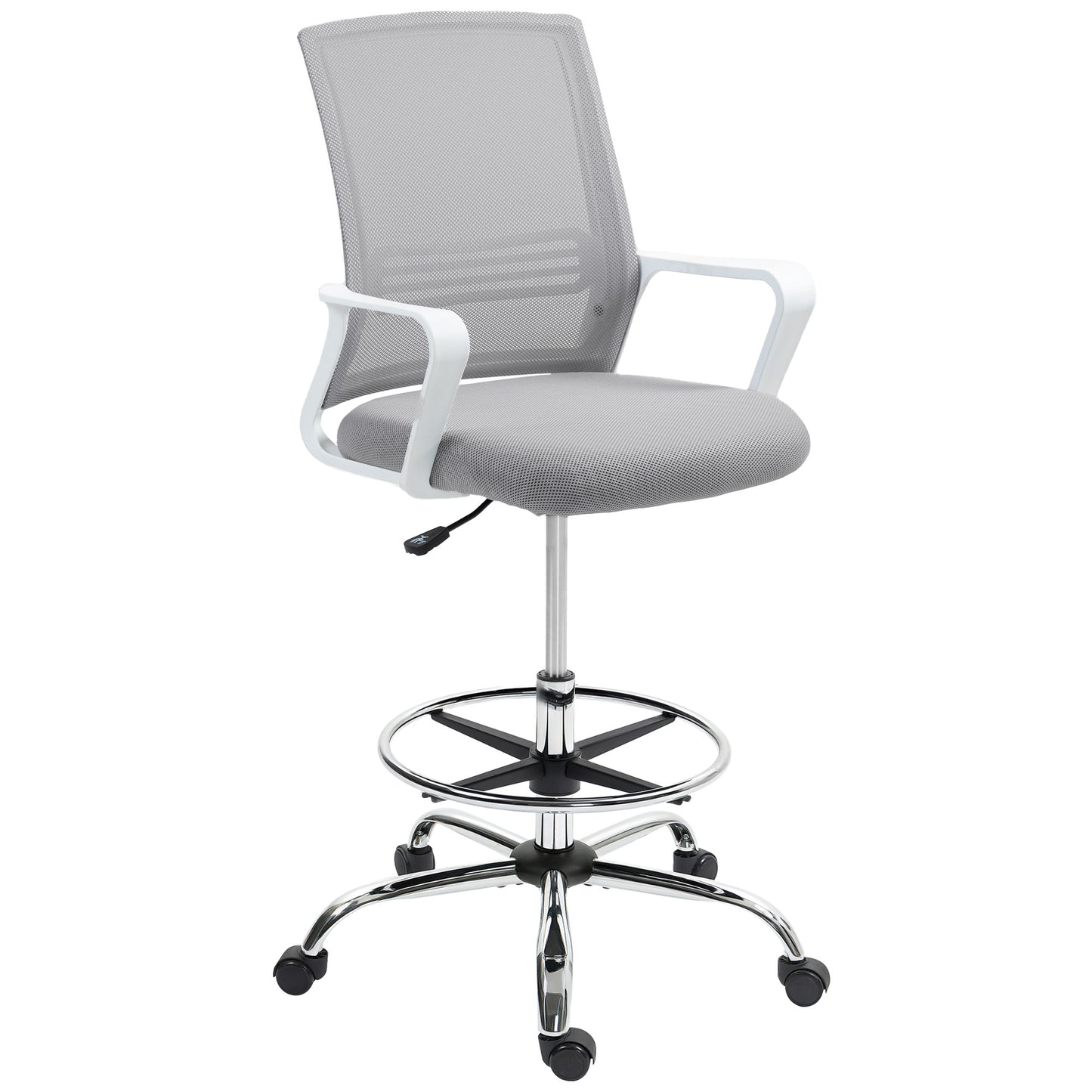 Photo of HOMCOM Draughtsman Chair, Mesh Drafting Chair, Ergonomic Office Chair with Lumbar Support, Adjustable Foot Ring, Grey in Grey colour on a white background