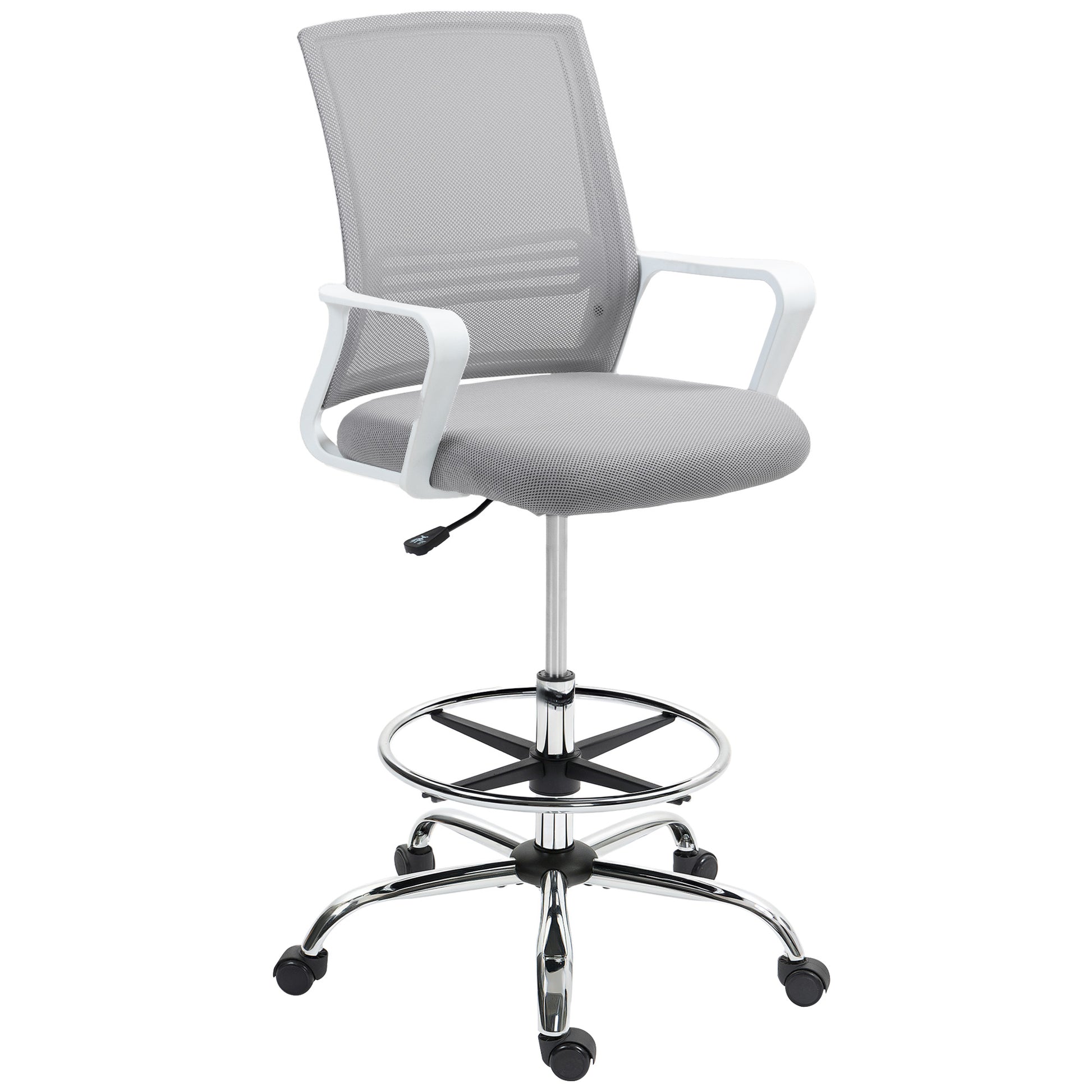 Photo of HOMCOM Draughtsman Chair, Mesh Drafting Chair, Ergonomic Office Chair with Lumbar Support, Adjustable Foot Ring, Grey in Grey colour on a white background