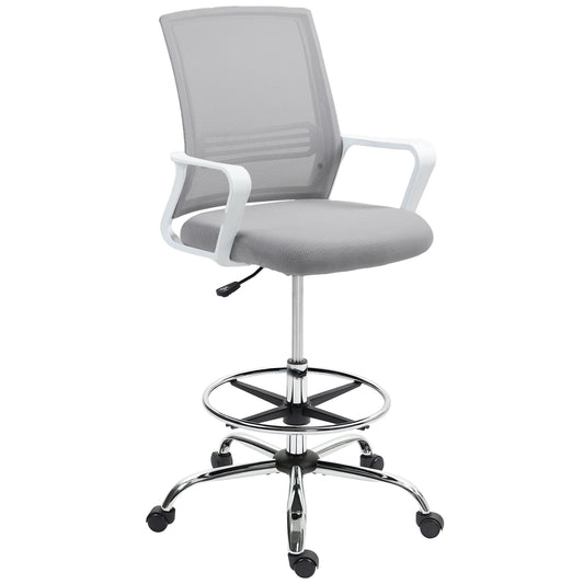 Photo of HOMCOM Draughtsman Chair, Mesh Drafting Chair, Ergonomic Office Chair with Lumbar Support, Adjustable Foot Ring, Grey in Grey colour on a white background