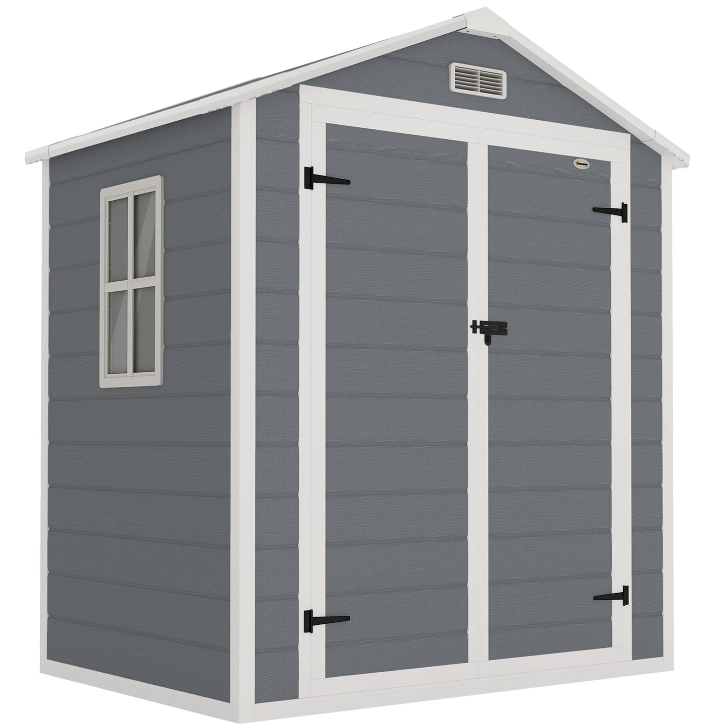 Photo of Outsunny 6x4.5ft Garden Storage Shed, Lockable Shed for Small Terraced Gardens with Double Doors, Window, Vent and Plastic Roof, Low Maintenance, Grey in Grey colour on a white background
