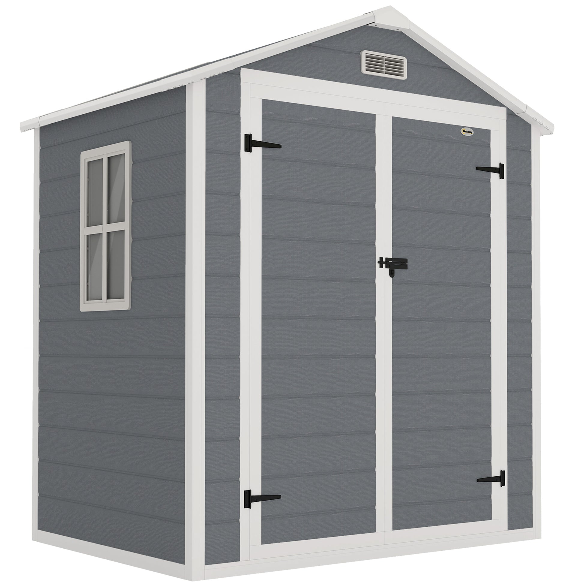 Photo of Outsunny 6x4.5ft Garden Storage Shed, Lockable Shed for Small Terraced Gardens with Double Doors, Window, Vent and Plastic Roof, Low Maintenance, Grey in Grey colour on a white background
