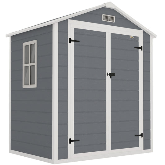 Photo of Outsunny 6x4.5ft Garden Storage Shed, Lockable Shed for Small Terraced Gardens with Double Doors, Window, Vent and Plastic Roof, Low Maintenance, Grey in Grey colour on a white background