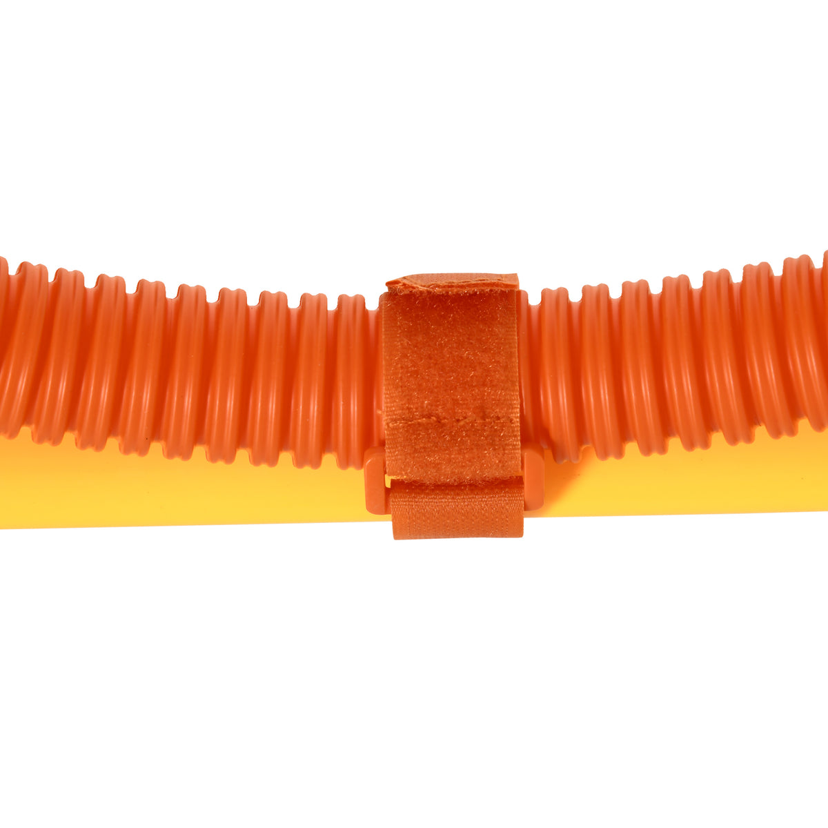 Dog agility hurdle bar connection secured with an orange hook-and-loop strap