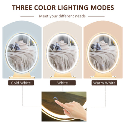 Oval mirror demonstrating three LED lighting colors: cold white, white, and warm white