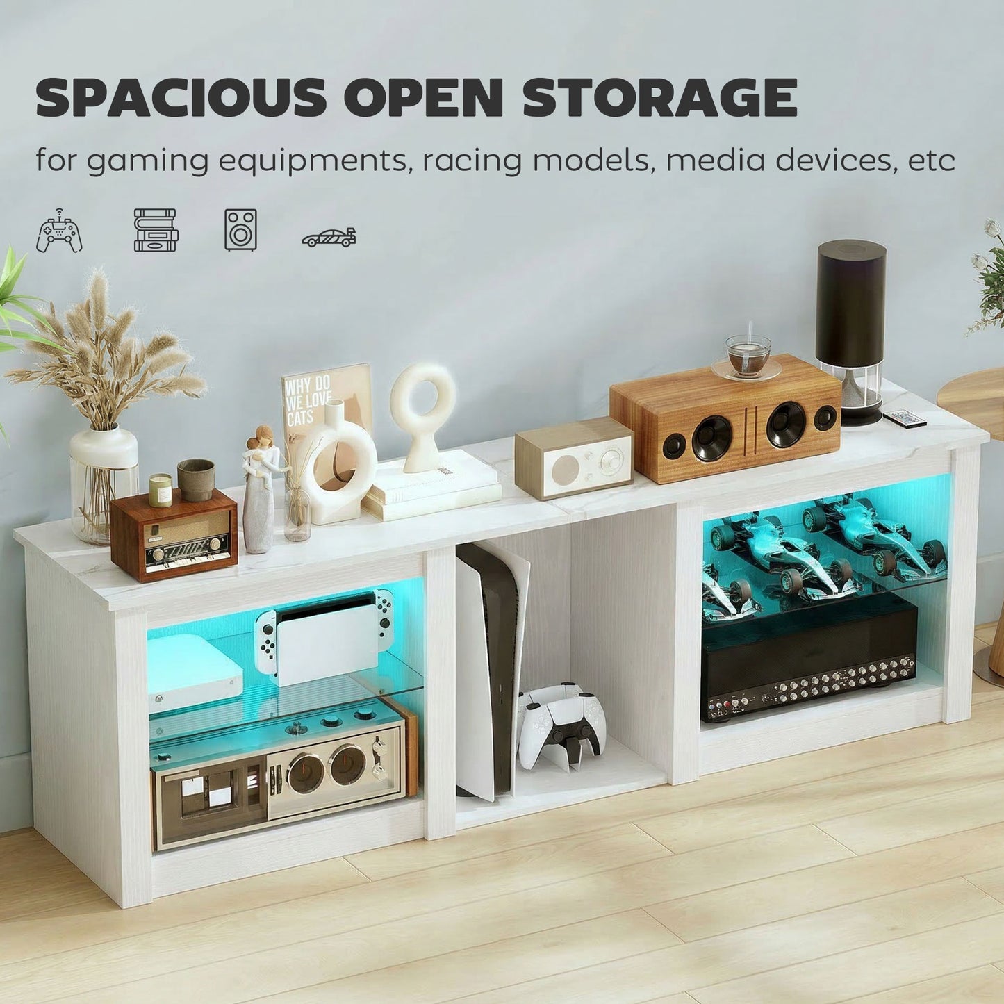 HOMCOM 70in TV Stand, with LED Lights and Storage - White