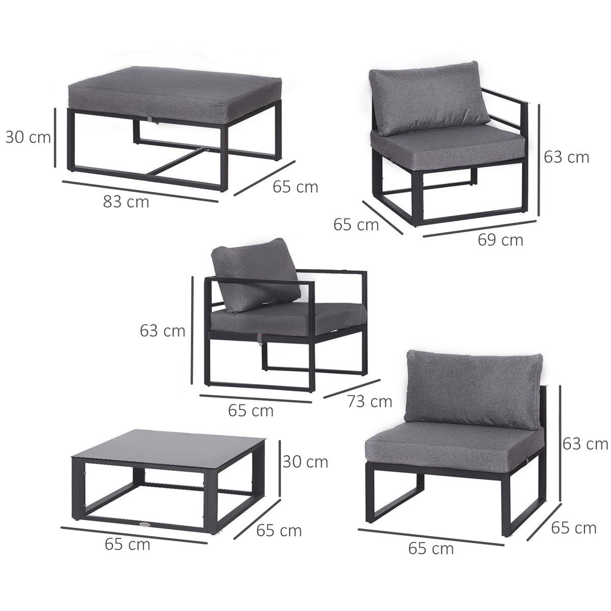 Outsunny gray sectional set pieces with measurements for chairs, footrest and coffee table
