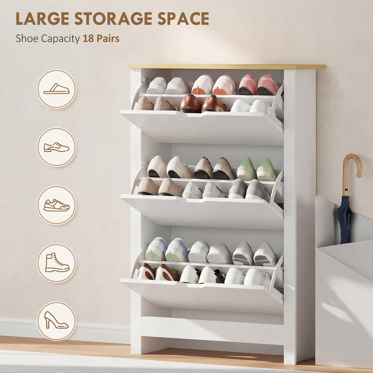 HOMCOM Slim Shoe Cabinet, Narrow Shoe Cupboard with 3 Flip Drawers, Adjustable Shelves for 18 Pairs of Shoes for Hallway, White
