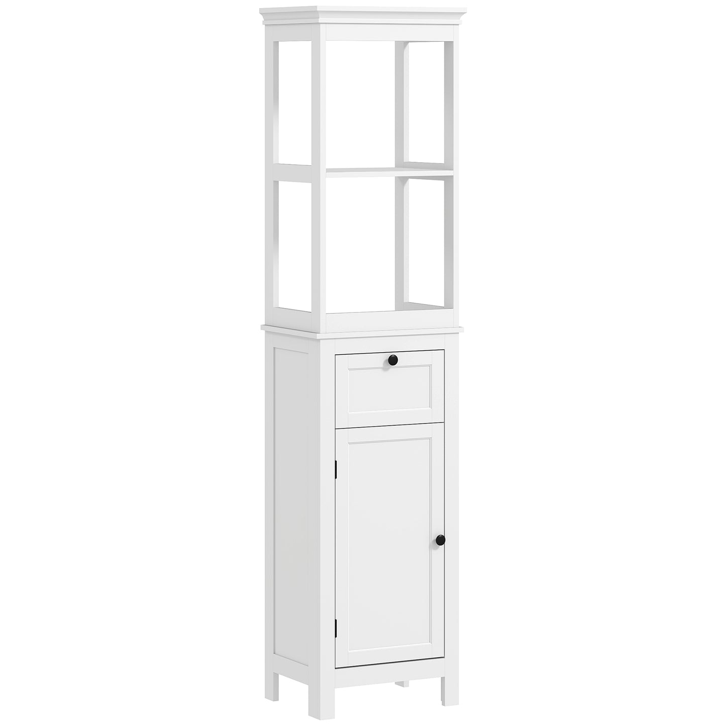 Photo of HOMCOM Tall Bathroom Cabinet, Slim Bathroom Storage Cabinet with 2 Open Shelves, Soft Close Door and Drawer, Adjustable Shelf, Narrow Cupboard Storage Unit, White in White colour on a white background