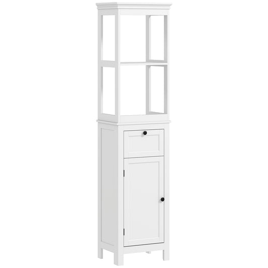 Photo of HOMCOM Tall Bathroom Cabinet, Slim Bathroom Storage Cabinet with 2 Open Shelves, Soft Close Door and Drawer, Adjustable Shelf, Narrow Cupboard Storage Unit, White in White colour on a white background