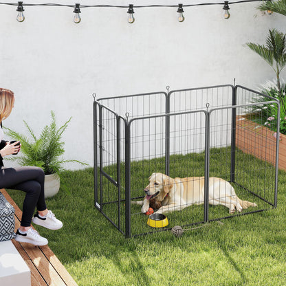 Black six-panel dog playpen set up outdoors with a dog inside