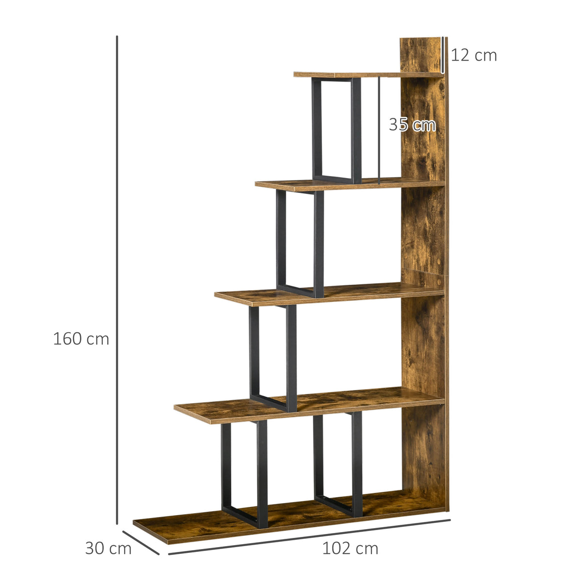 Five-tier ladder bookshelf with dimensions marked: 160 cm tall, 102 cm wide, 30 cm deep