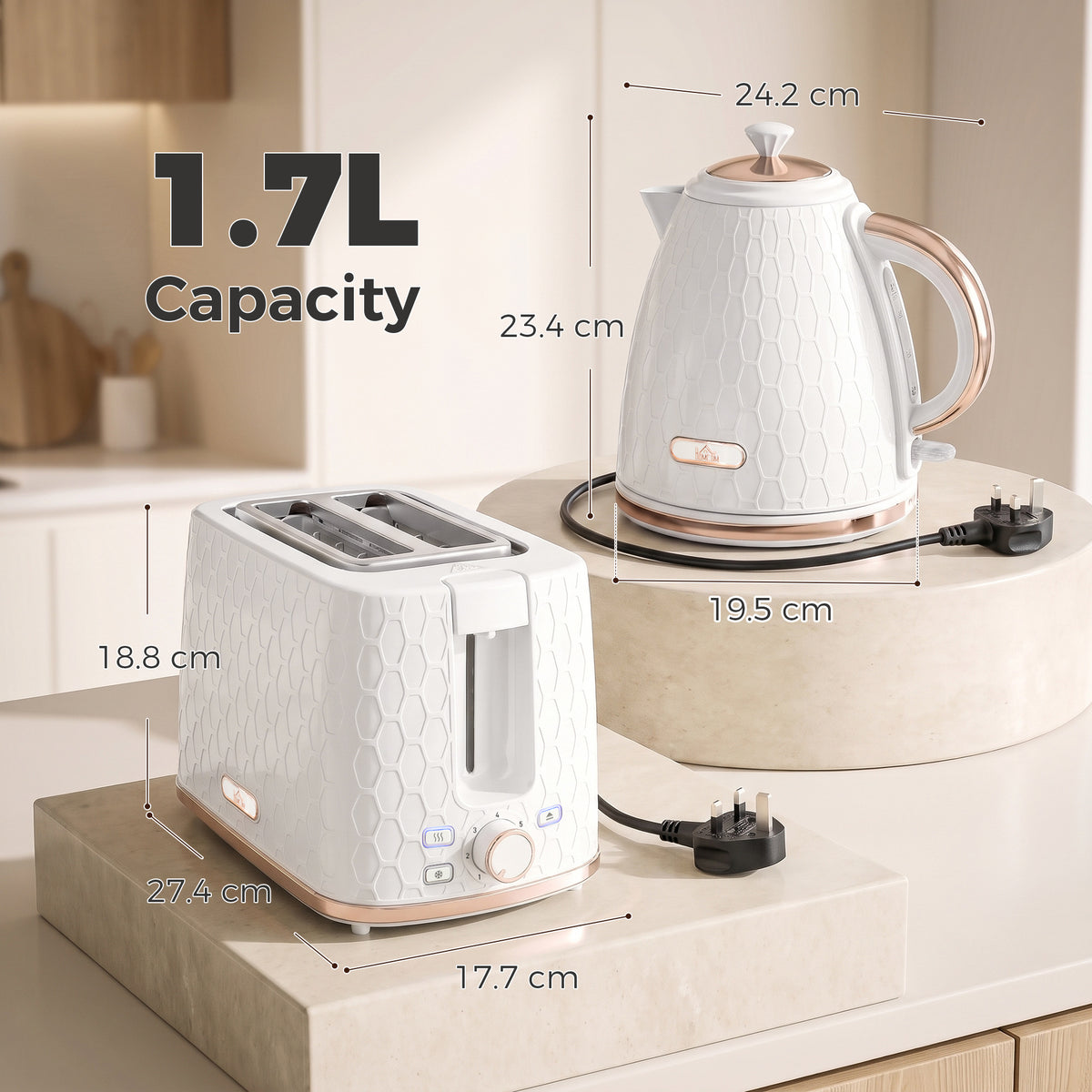 White two-slice toaster and 1.7 L electric kettle set with rose gold trim