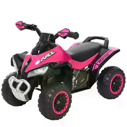 Pink and black four-wheel ride-on toy motorcycle with a seat, handlebars, and chunky tires