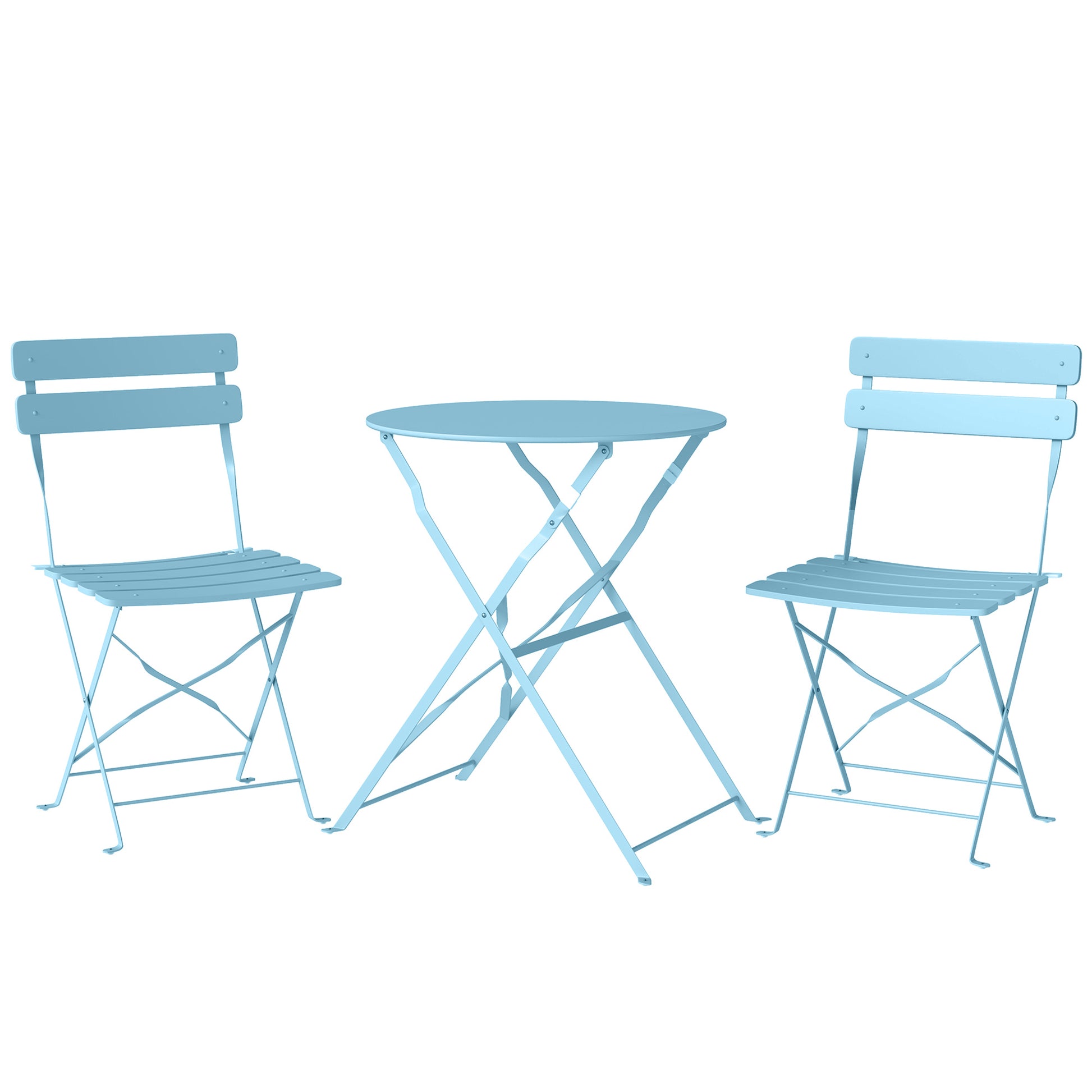 Photo of Outsunny Folding Garden Bistro Set, Outdoor Round Bistro Table and Chairs Set 2 with Electrophoresis Metal Frame, Light Blue in Blue colour on a white background