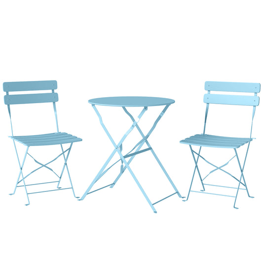 Photo of Outsunny Folding Garden Bistro Set, Outdoor Round Bistro Table and Chairs Set 2 with Electrophoresis Metal Frame, Light Blue in Blue colour on a white background