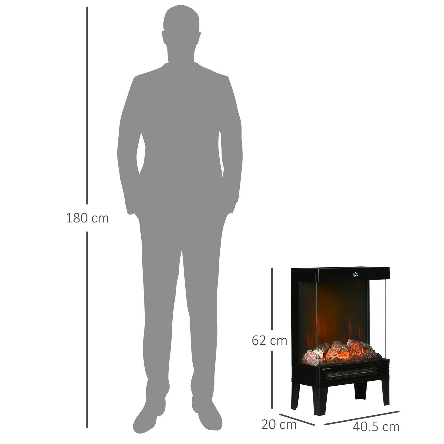 HOMCOM 180° Charming Electric Fireplace Heater, Quiet Freestanding Stove with LED Flame Effect, 3-Sided Tempered Glass Panels, Level-less Temperature Control, Overheat Protection, 1000W/2000W, Black