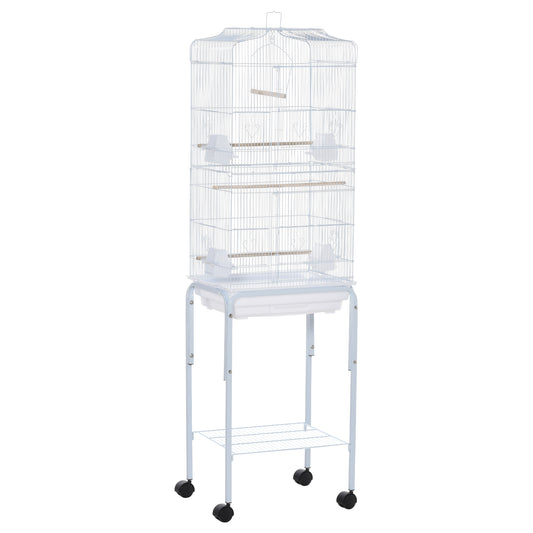 Photo of PawHut Bird Cage Budgie Cages for Finch Canary Parakeet with Stand Wheels Slide-out Tray Accessories Storage Shelf, White 46.5 x 36 x 157 cm in cm colour on a white background