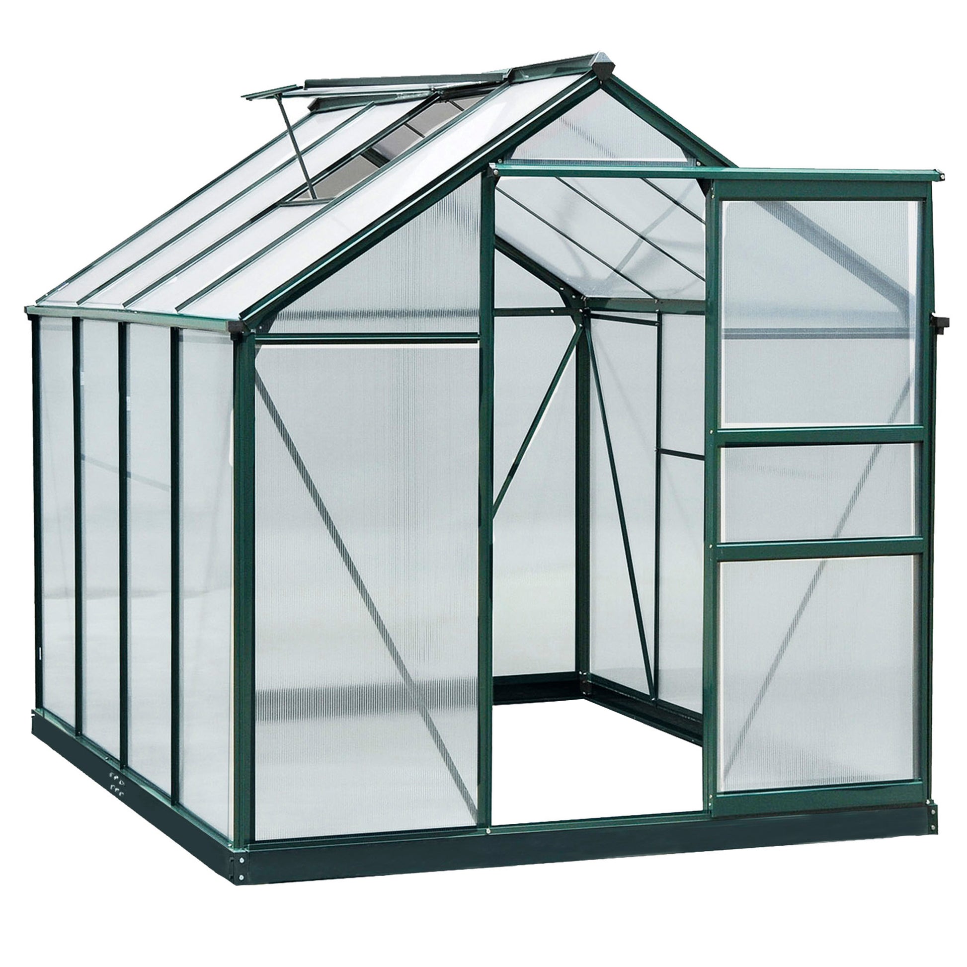 Photo of Outsunny 6 x 8ft Polycarbonate Greenhouse, Large Walk-In Green House with Slide Door and Window, Garden Plants Grow House with Aluminium Frame and Foundation, Dark Green in Green colour on a white background